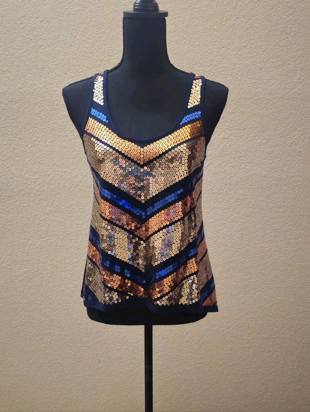 BONGO Gold and Blue Sequin Chevron Tank